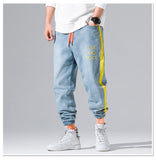 Japanese Style Fashion Men Jeans Black Elastic Waist LOVE AND PEACE Embroidery Hip Hop Pants hombre Streetwear Joggers Jeans Men