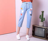 new heart print loose harem Jeans Women's Elastic Waist pants women