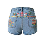 New flower embroidered shorts jeans women Vintage ethnic style Slim high waist shorts casual boho Blue denim for feminine