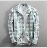 Vintage  Style Classic Plaid Cotton Long Sleeve Blue Shirt Male Casual Slim Fit Shirt Import Clothes