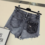 Sequined Denim Shorts for Women's Bf High-waisted Skinny Wide-leg Trousers Spring Summer Hot Trousers Girls Students Grey Shorts