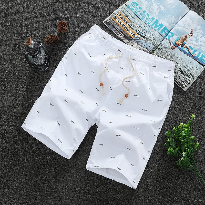  Cotton Casual Shorts Men Printed Elastic Waist Fashion Beach Shorts Thin Breathable Bermuda Slim Khaki Board Shorts XA604