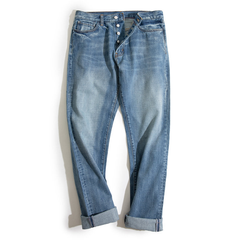 Men’s Washed Regular Straight Fit Jeans with Pocket Square Black Light Blue