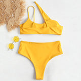High Cut One Shoulder Bikini 2018 Swimwear Women High Waist Swimsuit Sexy Hollow Out Padded Bikini Set Biquni Bathing Suit