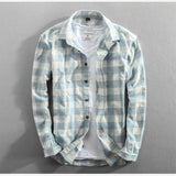  Vintage  Style Classic Plaid Cotton Long Sleeve Blue Shirt Male Casual Slim Fit Shirt Import Clothes
