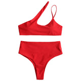 High Cut One Shoulder Bikini 2018 Swimwear Women High Waist Swimsuit Sexy Hollow Out Padded Bikini Set Biquni Bathing Suit