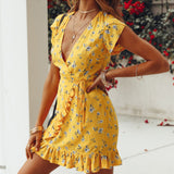 New Fashion Bohemian Style Women Summer Casual Short Sleeve V Neck Bandage Bodycon Yellow Evening Party Print Short Mini Dress