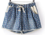 Women Casual Denim Shorts  With Elastic High Waist Floral Star Printed  For Crop Top