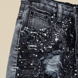 Sequined Denim Shorts for Women's Bf High-waisted Skinny Wide-leg Trousers Spring Summer Hot Trousers Girls Students Grey Shorts