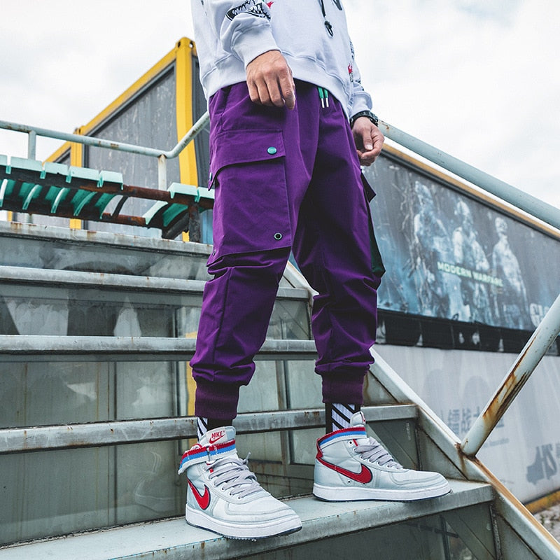 Boys Multi-pocket Harem Cargo Pants 2019 Men Streetwear Joggers Pants Hip Hop Casual Trousers Male Black Purple Pant WG04