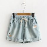  Embroidered Pockets Drawstring Denim Jeans Short Pants Shorts Size SML Wholesale