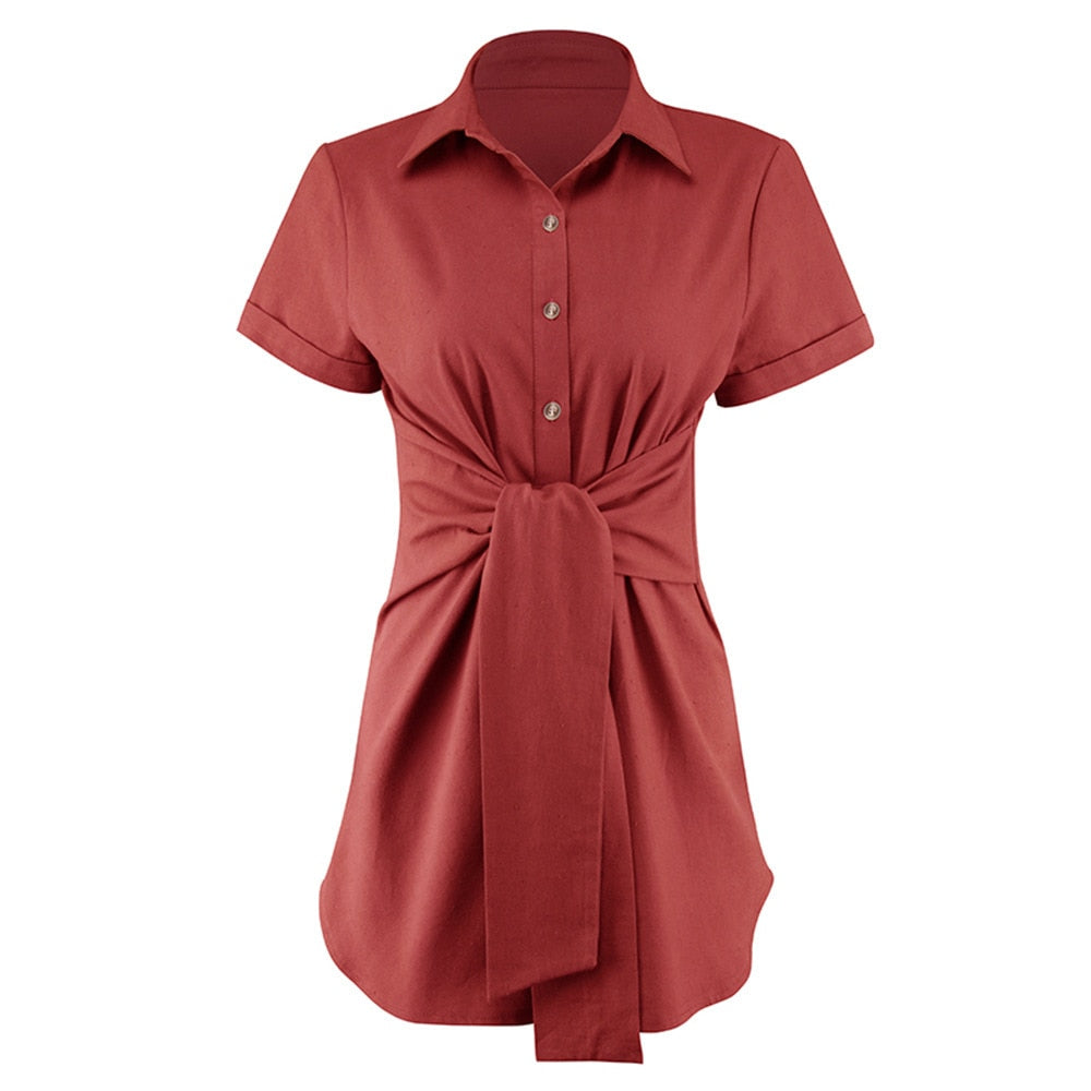  Short Sleeve Waist Shirt Sashes Turn-down Collar Long Tops Women Summer Shirt