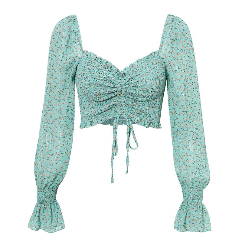 Floral Women Autumm Tops Blouse Green Twist Long Sleeve Short Shirt Holiday Female Winter Casual Blouses Top Blusa