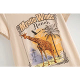 Vintage Summer Giraffe Pattern Beige Tshirt O Neck Cotton T-Shirt Girls Summer Tops Streetwear Designer Style New Arrivals 2019