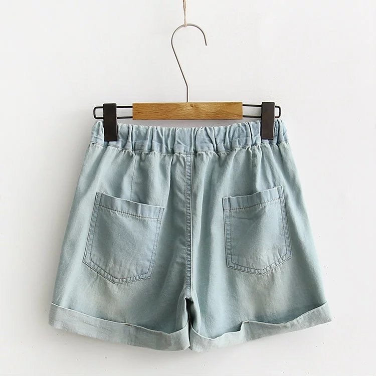 Embroidered Pockets Drawstring Denim Jeans Short Pants Shorts Size SML Wholesale