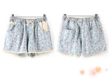 Women Casual Denim Shorts  With Elastic High Waist Floral Star Printed  For Crop Top
