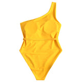 One piece Swimwear Women Swimsuit Sexy One Shoulder Padded Swimsuit Solid Padded One Piece Bright Yellow Bathing Suit