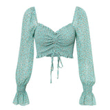 Floral Women Autumm Tops Blouse Green Twist Long Sleeve Short Shirt Holiday Female Winter Casual Blouses Top Blusa