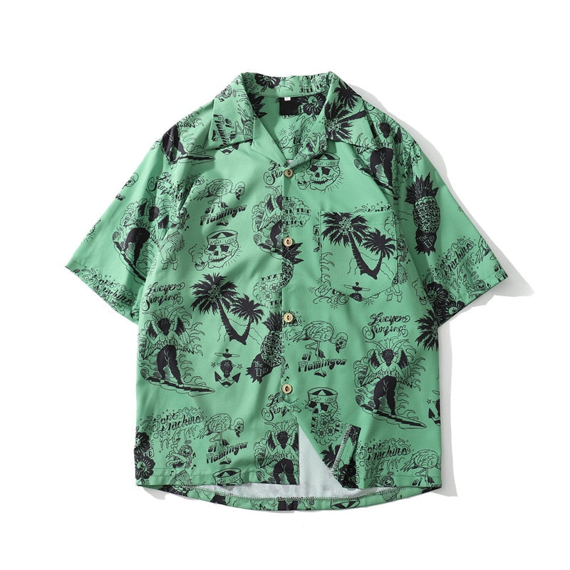 Skeleton Full Printed Retro Shirt Men 2019 Summer Street Men's Shirts Short Sleeved Shirts for Men Green White