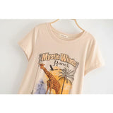 Vintage Summer Giraffe Pattern Beige Tshirt O Neck Cotton T-Shirt Girls Summer Tops Streetwear Designer Style New Arrivals 2019