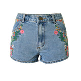 New flower embroidered shorts jeans women Vintage ethnic style Slim high waist shorts casual boho Blue denim for feminine