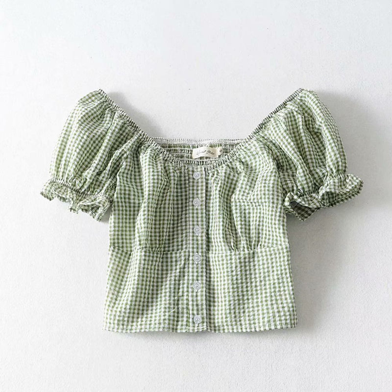 Blouse Women Shirts Boho Sqaure Neck Button Front Crop Blouse Gingham Puff Sleeve Ladies Tops Streetwear