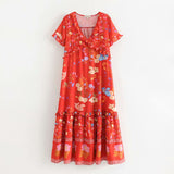 Boho Girls midi print dress plus size v neck with ruffles and puff sleeve natural waist red summer pleated dress new arrivals