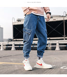 Streetwear Blue Jeans Pants 2019 Mens Pockets Hip Hop Overalls Cargo Pants Male Loose Fashion Denim Harem Pants Mid Waist