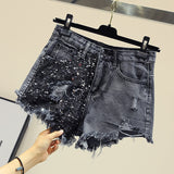 Sequined Denim Shorts for Women's Bf High-waisted Skinny Wide-leg Trousers Spring Summer Hot Trousers Girls Students Grey Shorts