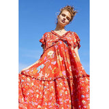 Boho Girls midi print dress plus size v neck with ruffles and puff sleeve natural waist red summer pleated dress new arrivals