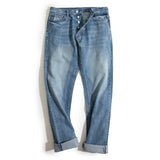 Men’s Washed Regular Straight Fit Jeans with Pocket Square Black Light Blue