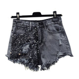 Sequined Denim Shorts for Women's Bf High-waisted Skinny Wide-leg Trousers Spring Summer Hot Trousers Girls Students Grey Shorts