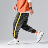Japanese Style Fashion Men Jeans Black Elastic Waist LOVE AND PEACE Embroidery Hip Hop Pants hombre Streetwear Joggers Jeans Men