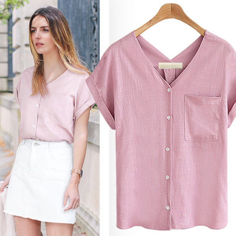 Casual V-Neck Summer T-Shirt Women Fashion Simple Plus Size TShirt Female Short Sleeve Elegant Button Wild Summer Top For Ladies