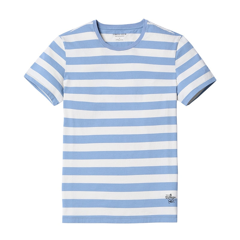  Men T shirt Fashion O-neck Short-sleeved Slim Fit Blue Striped T-SHIRT Man Top Tee