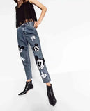 mom jeans women england high street cartoon cute mouse patchwork loose softener harem denim pants women plus size