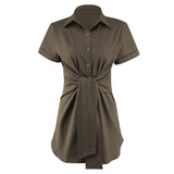  Short Sleeve Waist Shirt Sashes Turn-down Collar Long Tops Women Summer Shirt