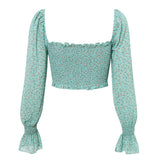 Floral Women Autumm Tops Blouse Green Twist Long Sleeve Short Shirt Holiday Female Winter Casual Blouses Top Blusa
