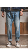 Men’s Washed Regular Straight Fit Jeans with Pocket Square Black Light Blue