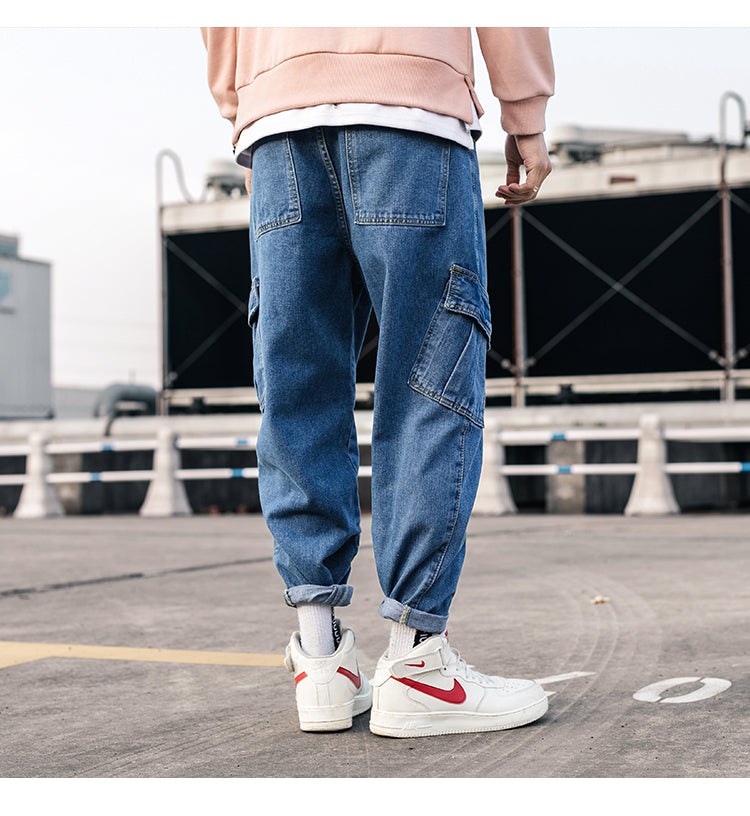 Streetwear Blue Jeans Pants 2019 Mens Pockets Hip Hop Overalls Cargo Pants Male Loose Fashion Denim Harem Pants Mid Waist
