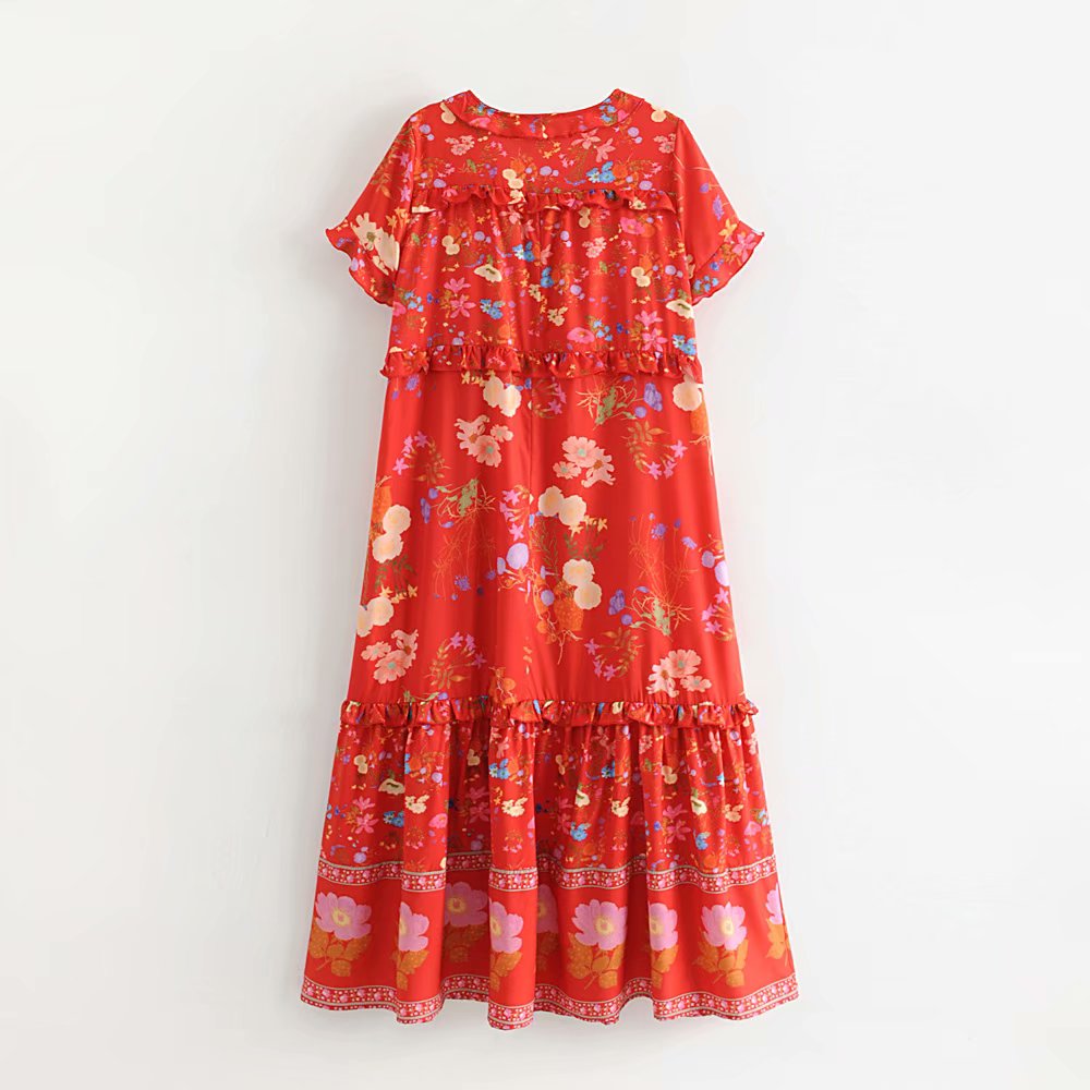 Boho Girls midi print dress plus size v neck with ruffles and puff sleeve natural waist red summer pleated dress new arrivals