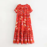 Boho Girls midi print dress plus size v neck with ruffles and puff sleeve natural waist red summer pleated dress new arrivals