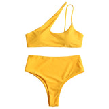 High Cut One Shoulder Bikini 2018 Swimwear Women High Waist Swimsuit Sexy Hollow Out Padded Bikini Set Biquni Bathing Suit