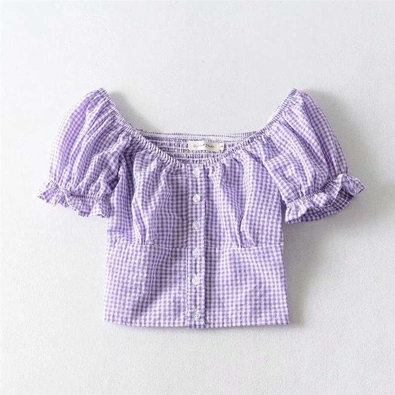  Blouse Women Shirts Boho Sqaure Neck Button Front Crop Blouse Gingham Puff Sleeve Ladies Tops Streetwear