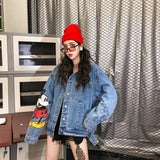 High quality  autumn models wild trend personality loose denim ladies jacket was thin cartoon street Brand denim tide clothes