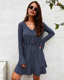Flare Long Sleeve Women Dress Casual Autumn Winter V Neck Buttons Solid Mini A-Line Party Mini Dresses