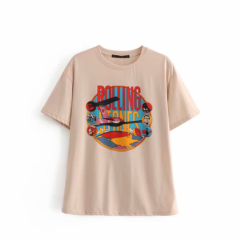 Vintage Beige Rolling Stones Summer Tshirt Rock Cartoon O Neck Cotton T-Shirt Girls Streetwear Designer Style New Arrivals 2019