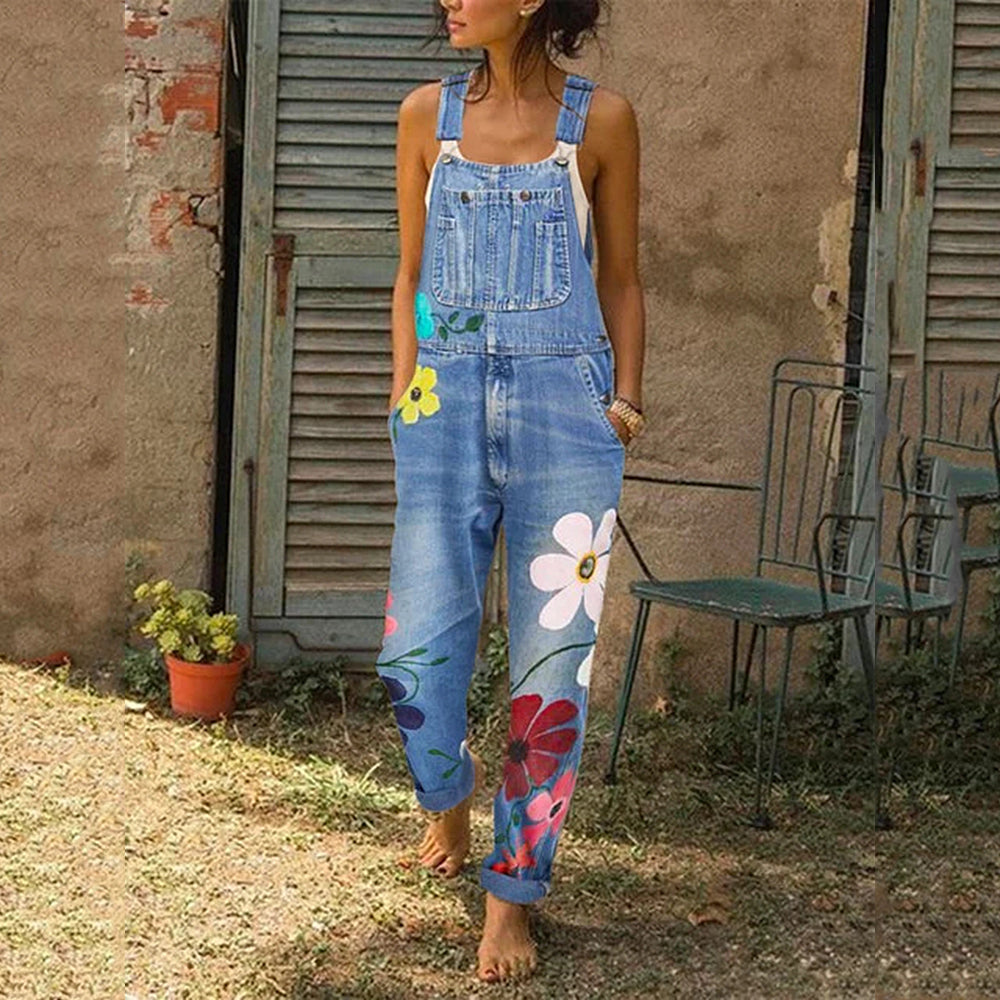  Fashion Women Florals Printing Women Jeans Autumn Straps Neck Light Washed Pockets Overalls Denim Pants Full Length