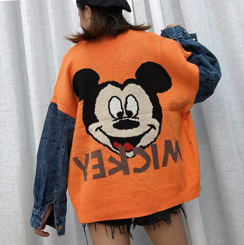 Fall and Winter Cartoon Sweater Jacket for Women Long Sleeve Loose Patchwork Denim Knit Cardigans Coat Mickey Sweater Outwear