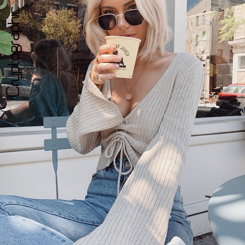 Autumn Fashion V-Neck Ruched Female Crop Tops Casual Long Sleeve Striped Blouses For Women 2019 Winter New